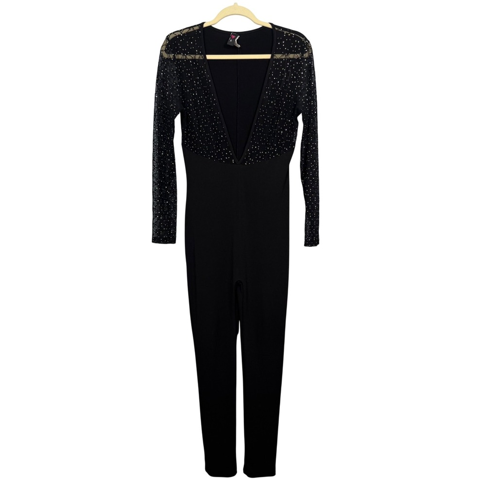 VTG 90s Women L Sparkle Cat Suit Embellish Long Sleeve Mesh Bodice Jumpsuit USA
